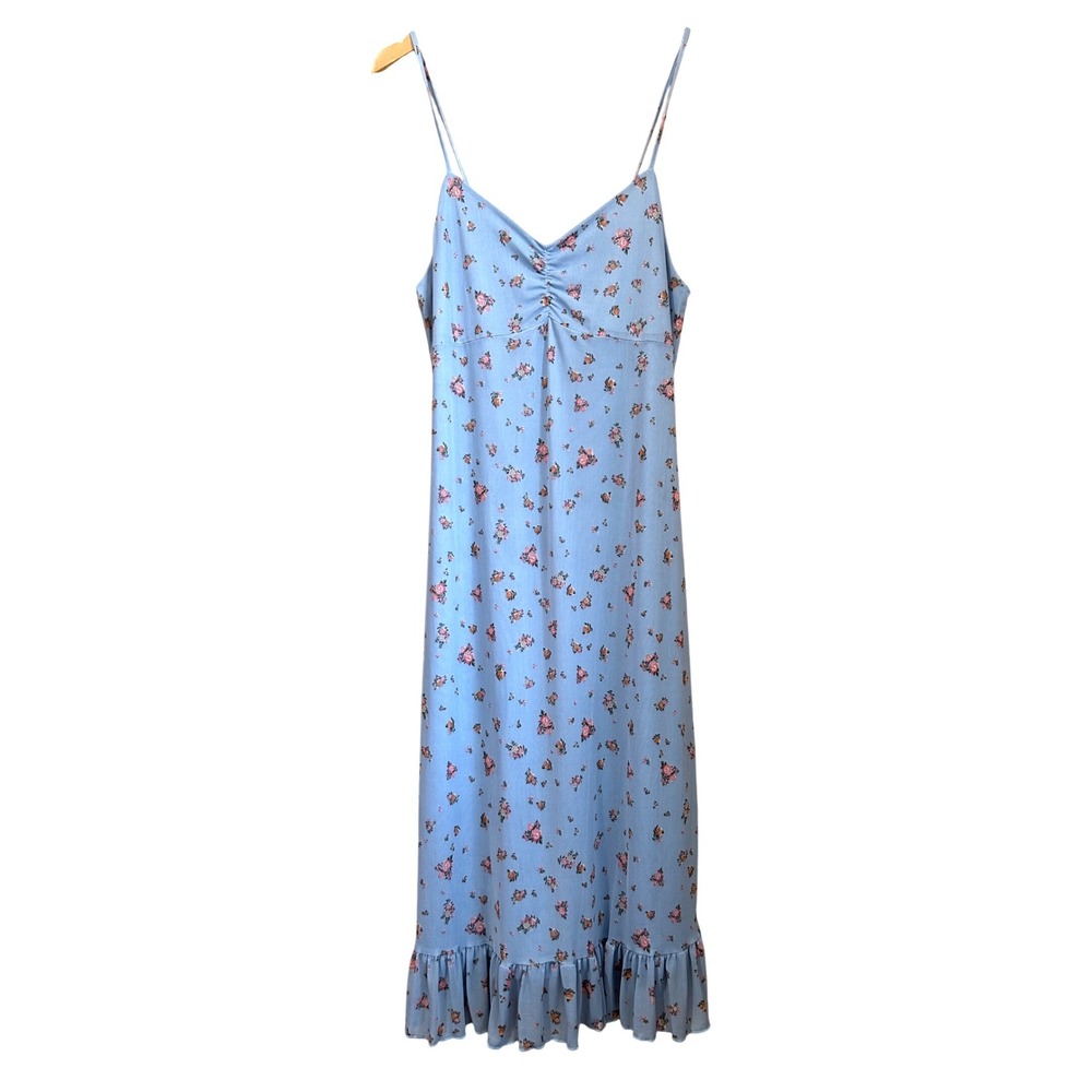 Ultra Flirt Light Blue Floral Maxi Dress XL Ruffle Hem Spaghetti Strap Mesh Y2K